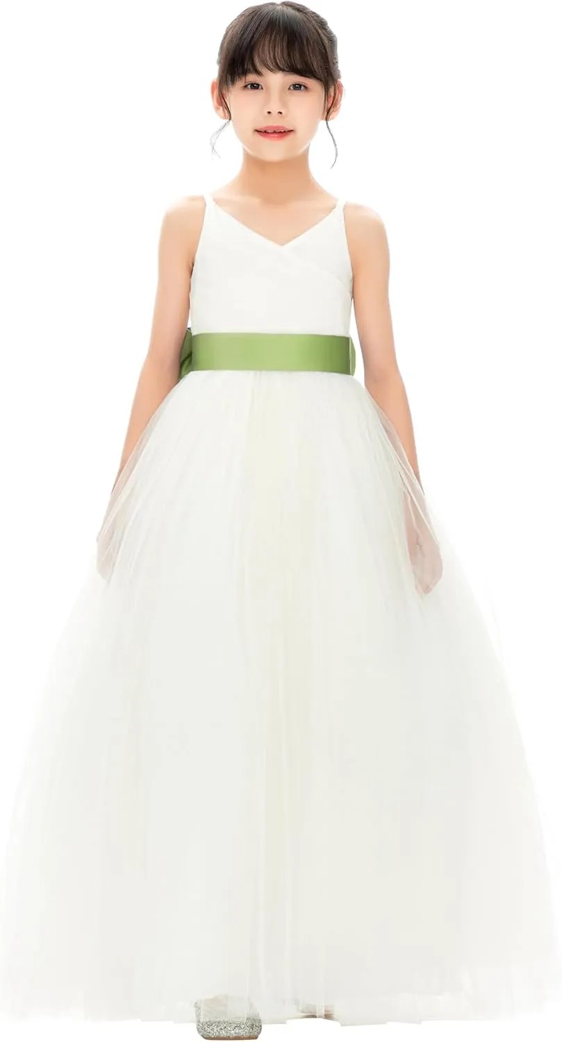 Ivory V-Neck Tulle Flower Girl Dress with Tiebow for Pageant Wedding 218noFT