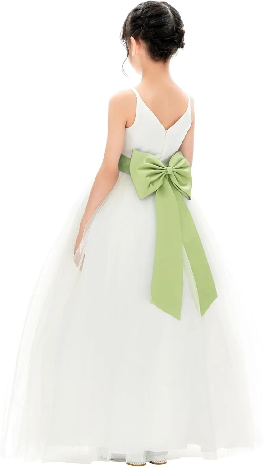 Ivory V-Neck Tulle Flower Girl Dress with Tiebow for Pageant Wedding 218noFT