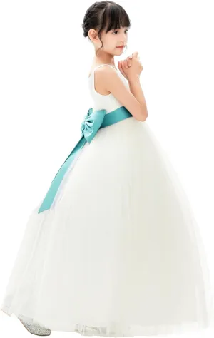 Ivory V-Neck Tulle Flower Girl Dress with Tiebow for Special Occasion 218noFT