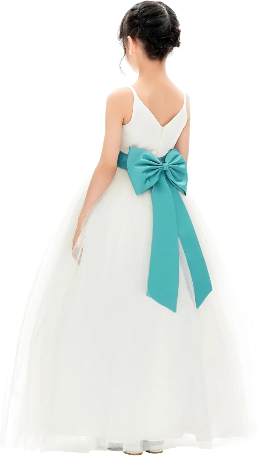Ivory V-Neck Tulle Flower Girl Dress with Tiebow for Special Occasion 218noFT