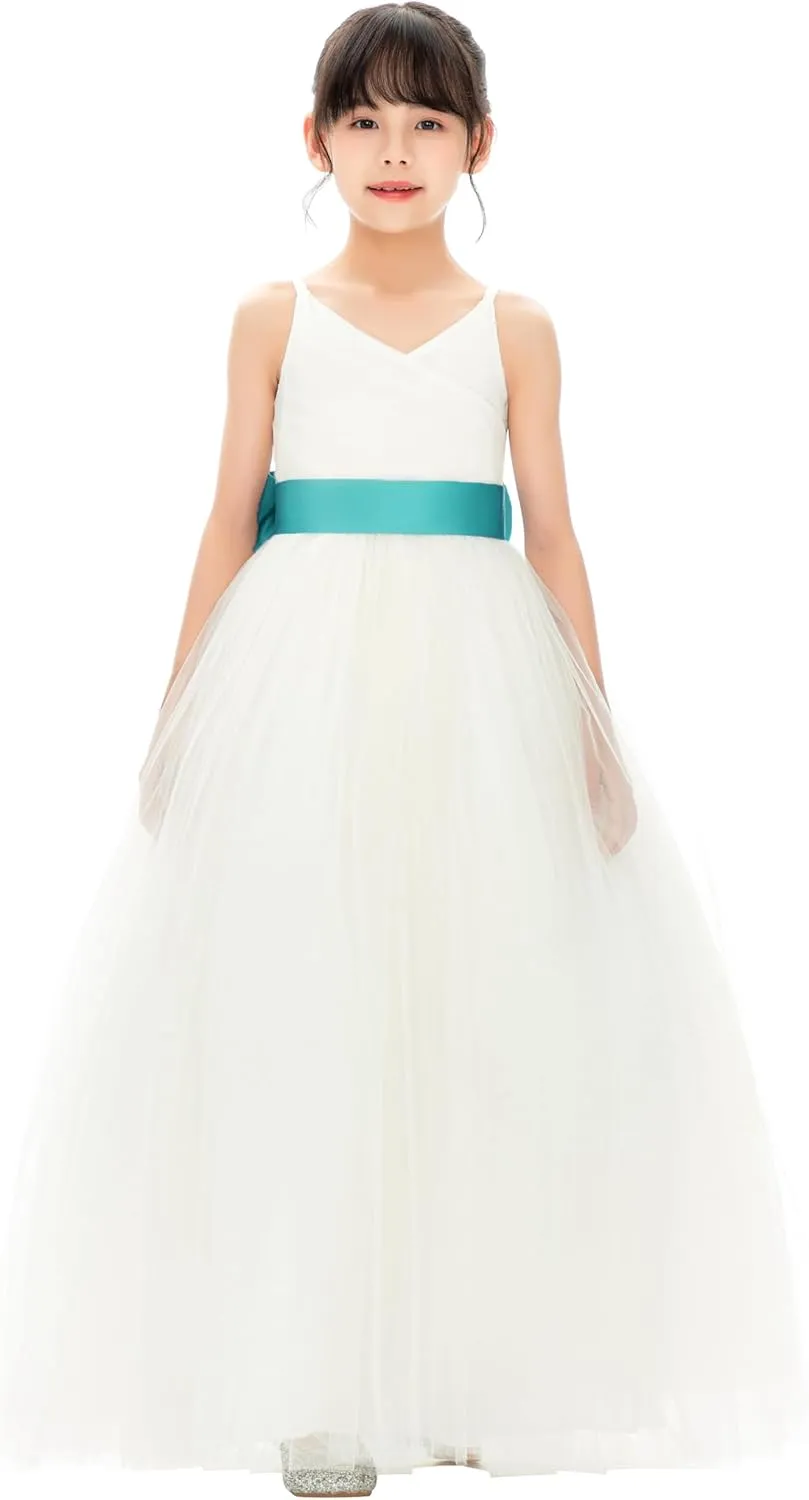 Ivory V-Neck Tulle Flower Girl Dress with Tiebow for Special Occasion 218noFT