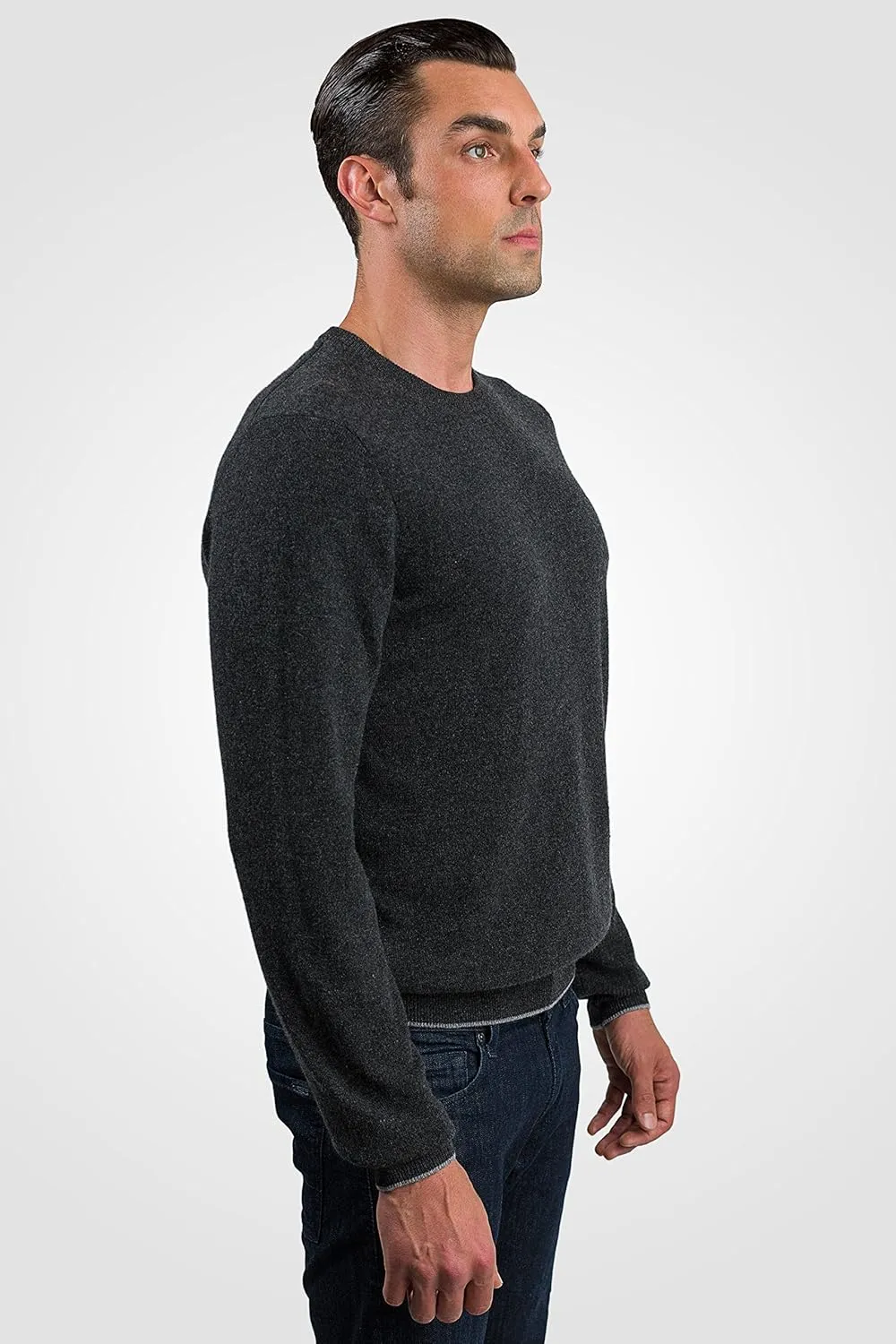 JENNIE LIU Men's 100% Pure Cashmere Long Sleeve Pullover Crewneck Sweater