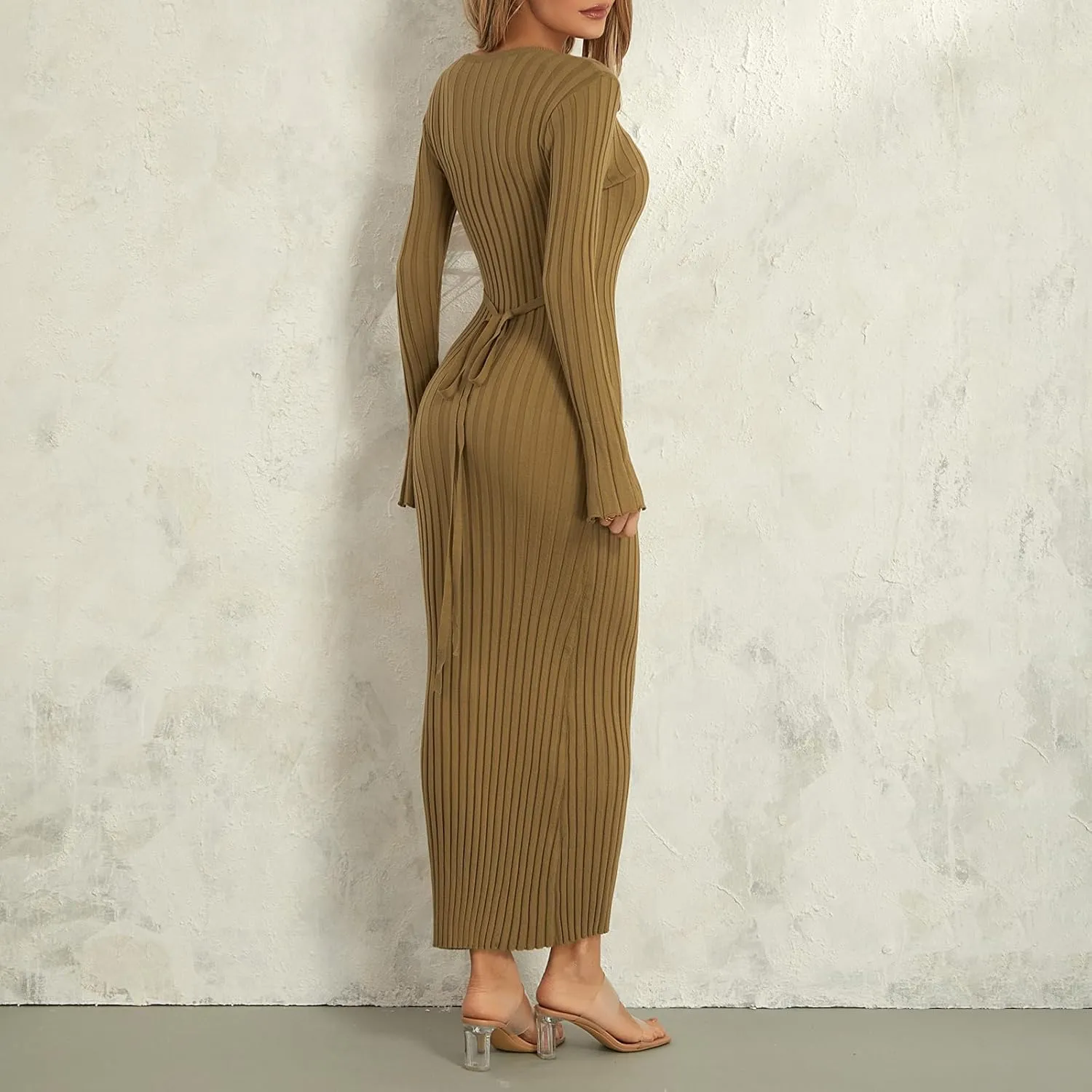 lisenraIn Women Long Sleeve Sweater Dress Elegant Bodycon Ribbed Knit Maxi Dress Spring Fall Fitted Sweater Maxi Dress