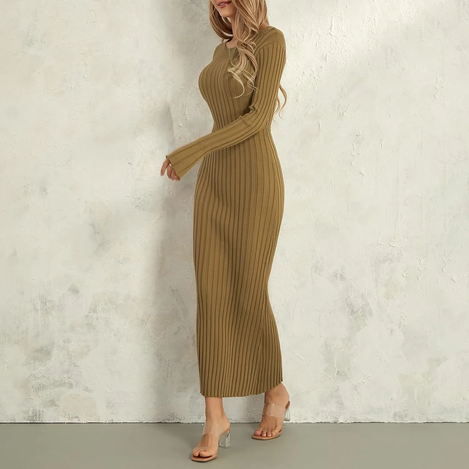 lisenraIn Women Long Sleeve Sweater Dress Elegant Bodycon Ribbed Knit Maxi Dress Spring Fall Fitted Sweater Maxi Dress