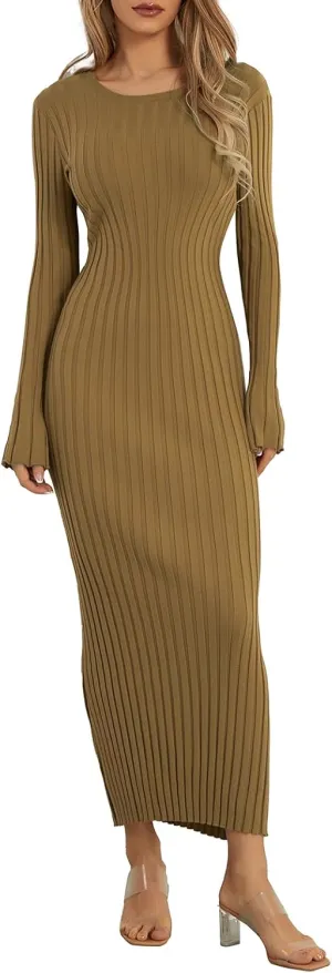lisenraIn Women Long Sleeve Sweater Dress Elegant Bodycon Ribbed Knit Maxi Dress Spring Fall Fitted Sweater Maxi Dress