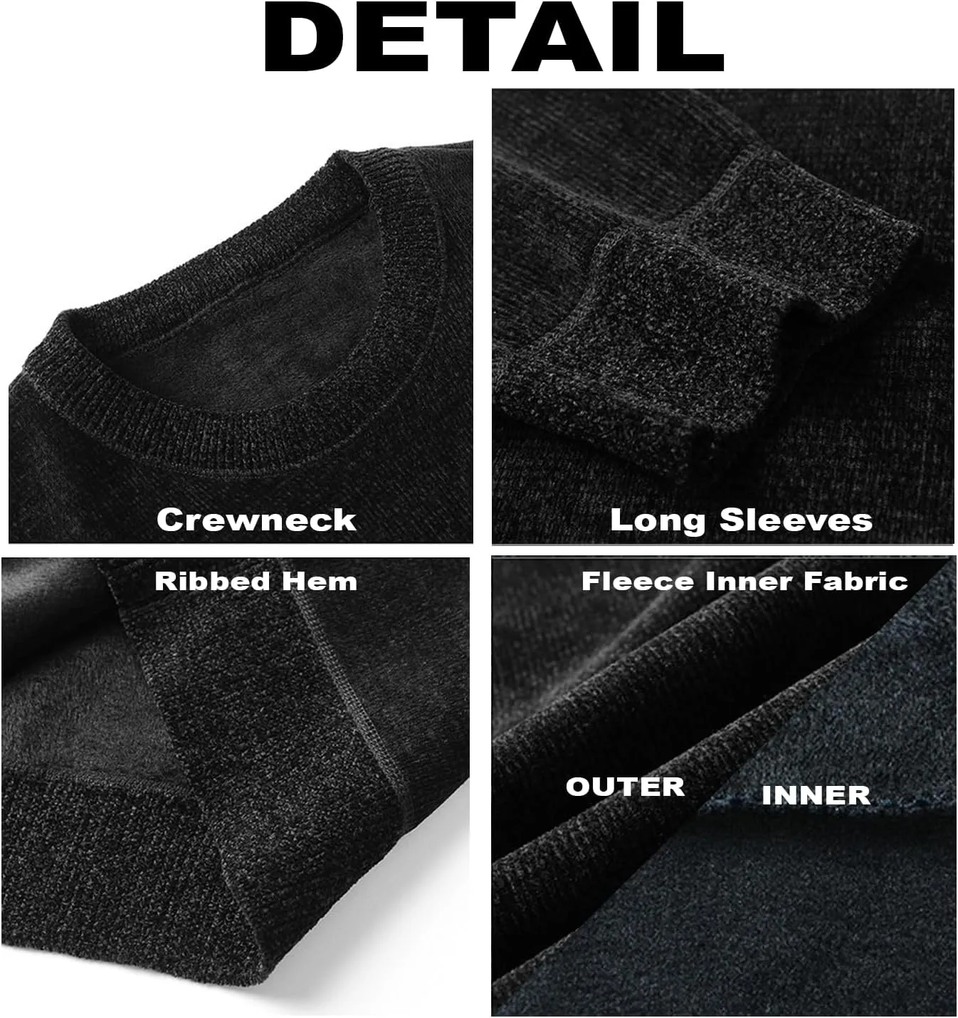 Men's Chenille Crewneck Sweater Long Sleeve Regular Fit Knitted Sweater Winter Fleece Pullover Warm Fleece Lined Sweatshirts
