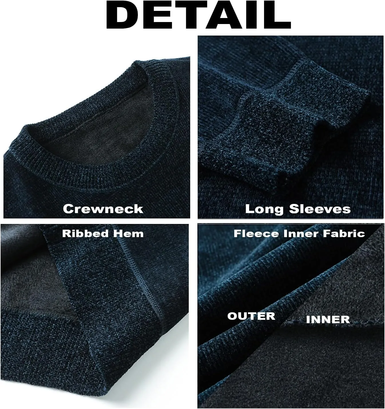 Men's Chenille Crewneck Sweater Long Sleeve Regular Fit Knitted Sweater Winter Fleece Pullover Warm Fleece Lined Sweatshirts