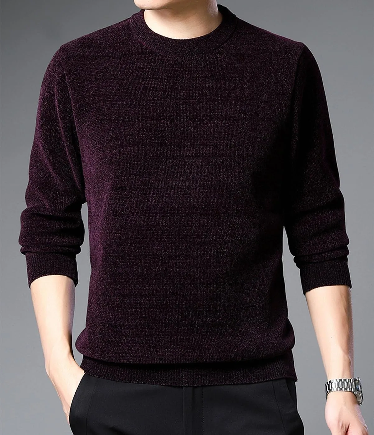 Men's Chenille Crewneck Sweater Long Sleeve Regular Fit Knitted Sweater Winter Fleece Pullover Warm Fleece Lined Sweatshirts