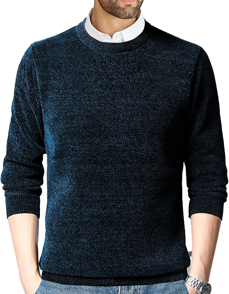 Men's Chenille Crewneck Sweater Long Sleeve Regular Fit Knitted Sweater Winter Fleece Pullover Warm Fleece Lined Sweatshirts