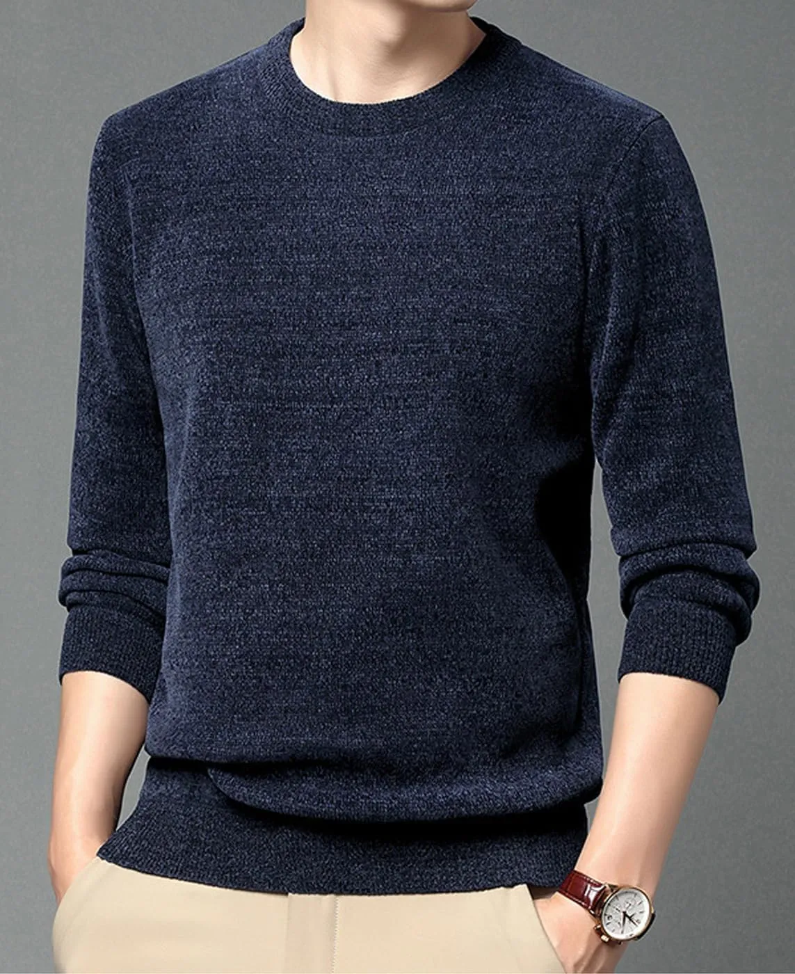 Men's Chenille Crewneck Sweater Long Sleeve Regular Fit Knitted Sweater Winter Fleece Pullover Warm Fleece Lined Sweatshirts