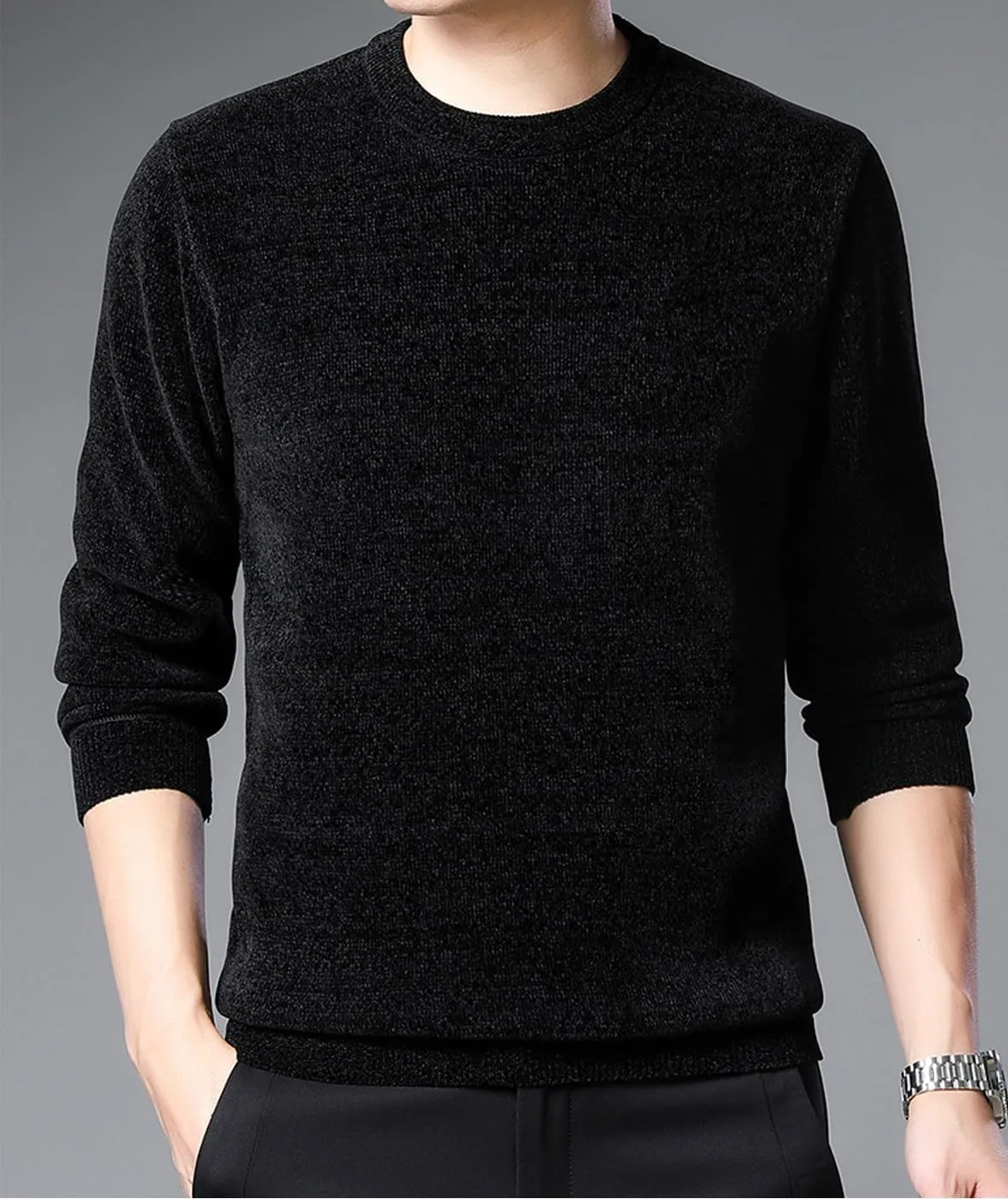 Men's Chenille Crewneck Sweater Long Sleeve Regular Fit Knitted Sweater Winter Fleece Pullover Warm Fleece Lined Sweatshirts