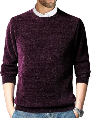 Men's Chenille Crewneck Sweater Long Sleeve Regular Fit Knitted Sweater Winter Fleece Pullover Warm Fleece Lined Sweatshirts