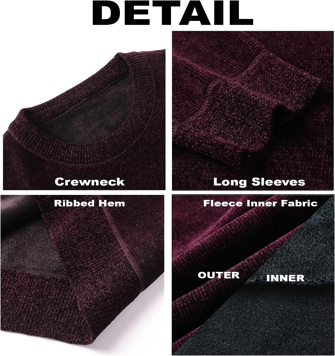 Men's Chenille Crewneck Sweater Long Sleeve Regular Fit Knitted Sweater Winter Fleece Pullover Warm Fleece Lined Sweatshirts