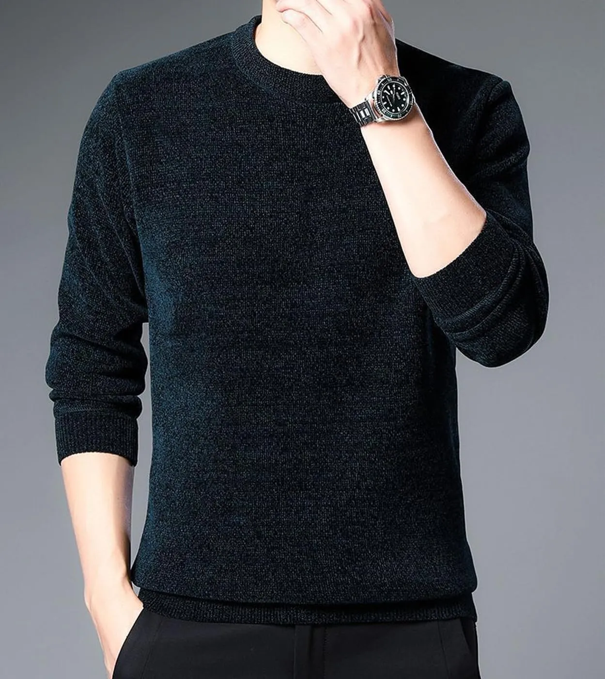 Men's Chenille Crewneck Sweater Long Sleeve Regular Fit Knitted Sweater Winter Fleece Pullover Warm Fleece Lined Sweatshirts