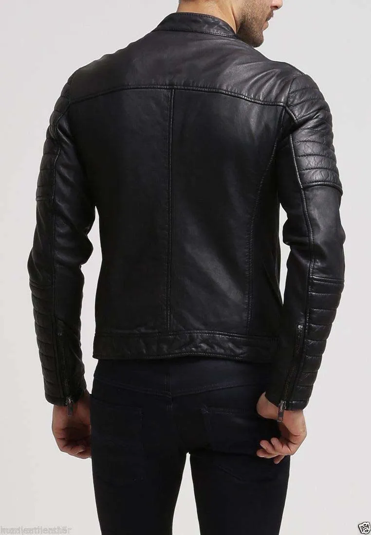 Men's Fashion Sheep Leather Slim Fit Biker Style Casual Jacket Black