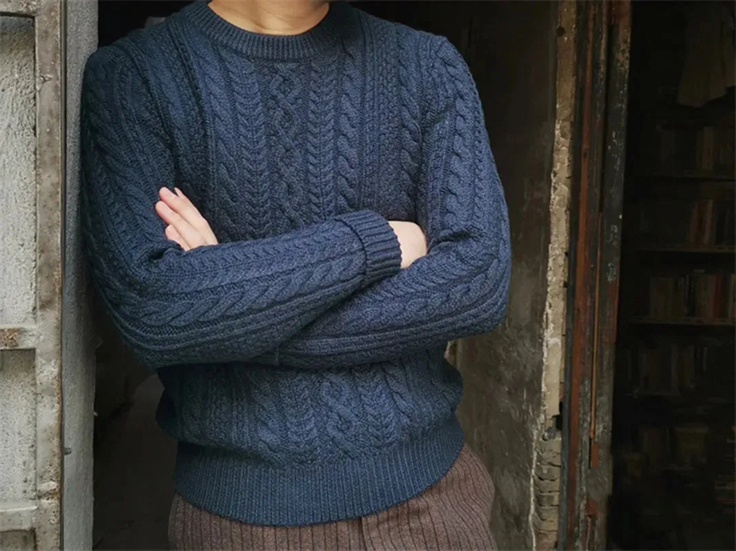Men's Fisherman Sweater Merino Wool O-neck Long Sleeves Thick Warm Cable Jumper - Vintage Style