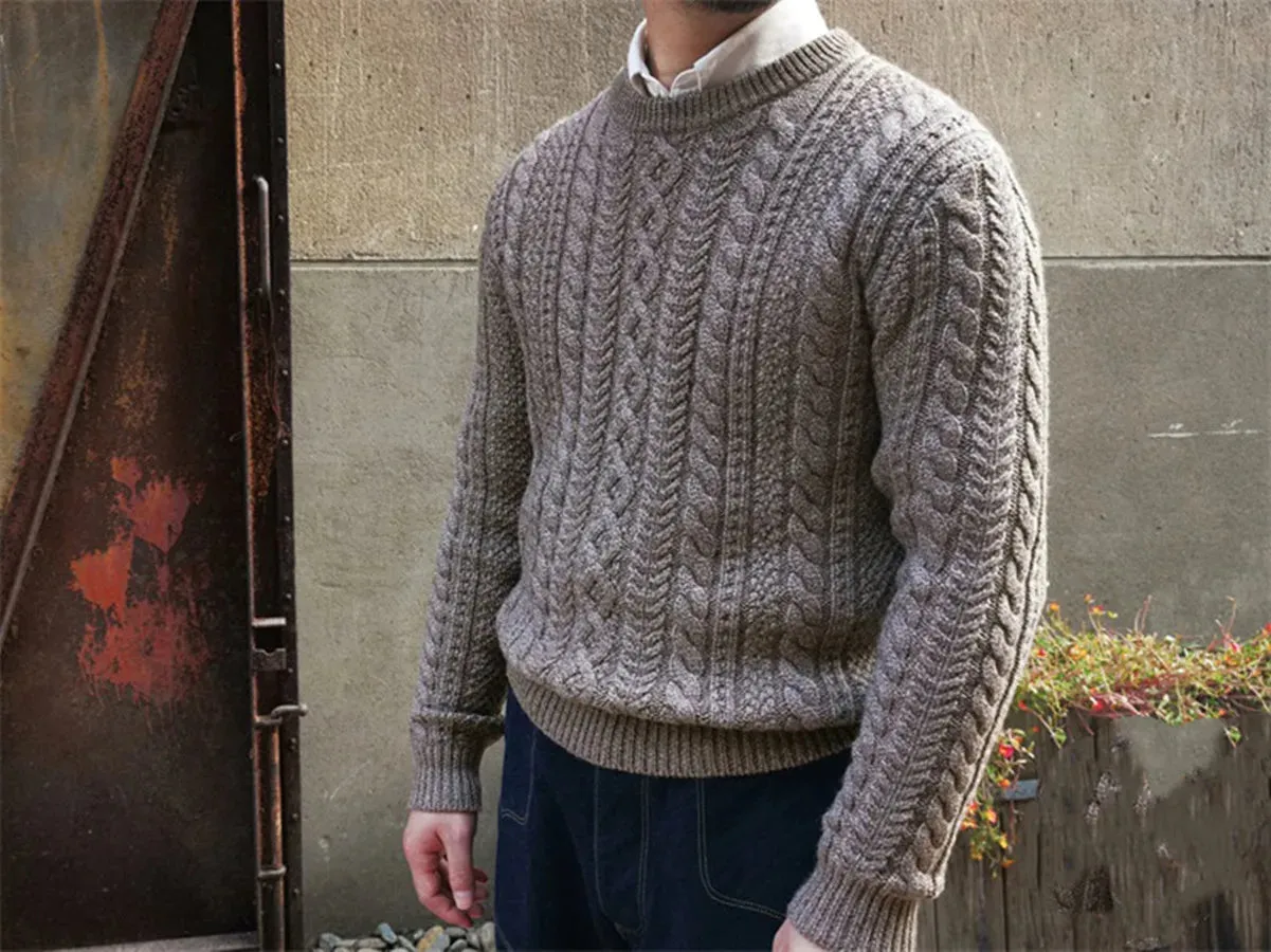 Men's Fisherman Sweater Merino Wool O-neck Long Sleeves Thick Warm Cable Jumper - Vintage Style