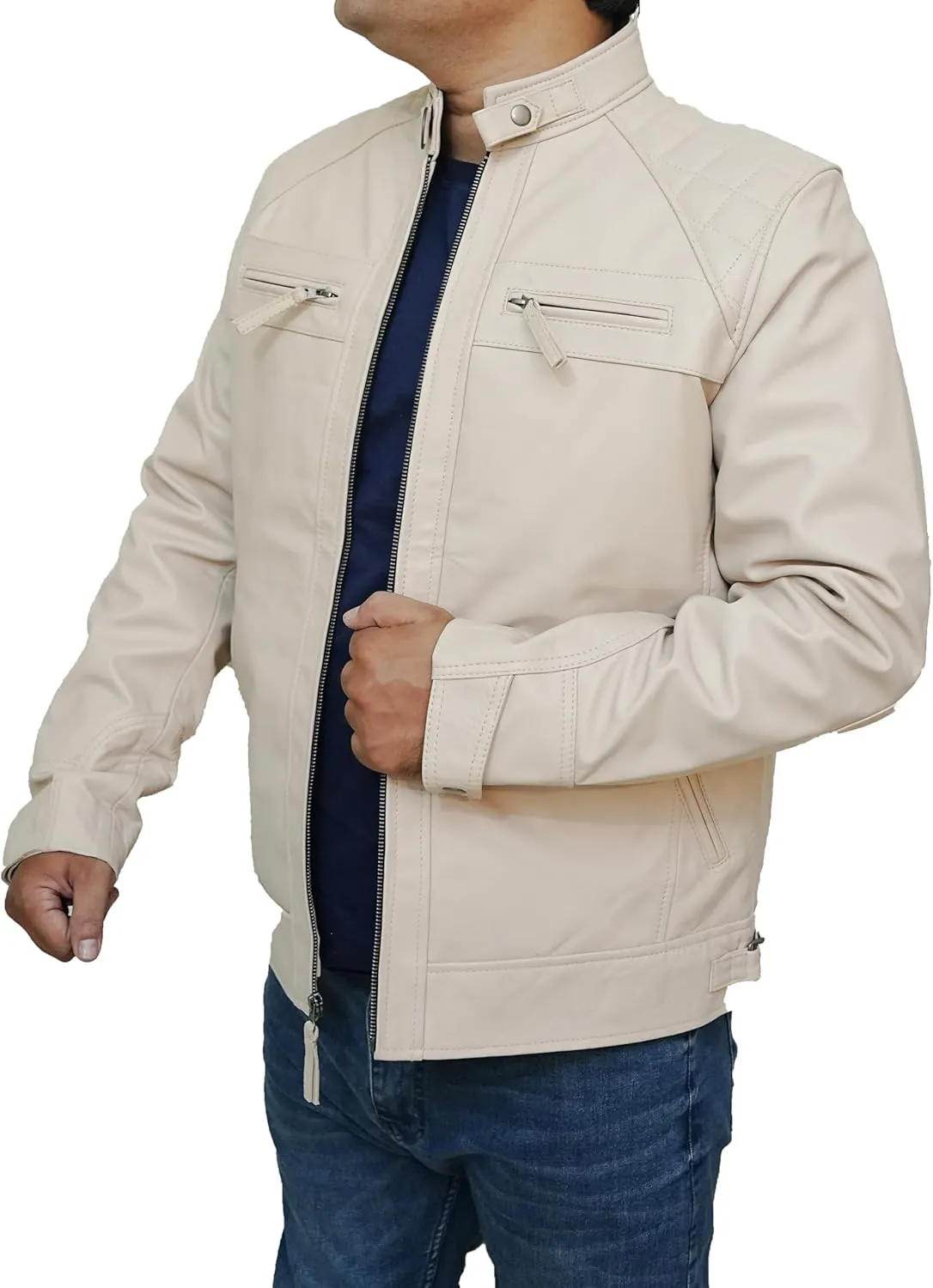 Mens Real Leather Lambskin Biker Jacket - Quilted Zip Up Moto Cafe Racer Rider Men Jackets