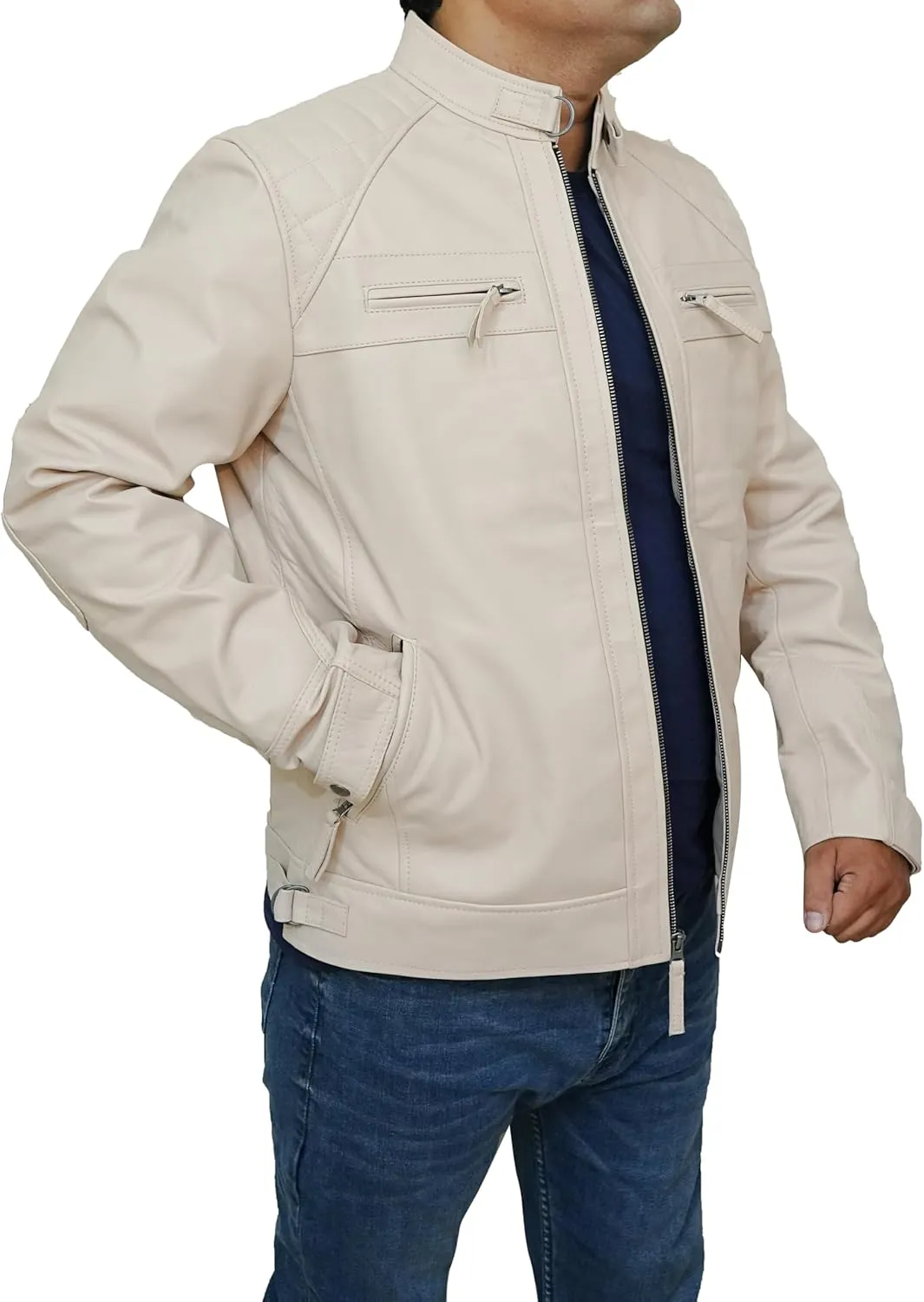 Mens Real Leather Lambskin Biker Jacket - Quilted Zip Up Moto Cafe Racer Rider Men Jackets