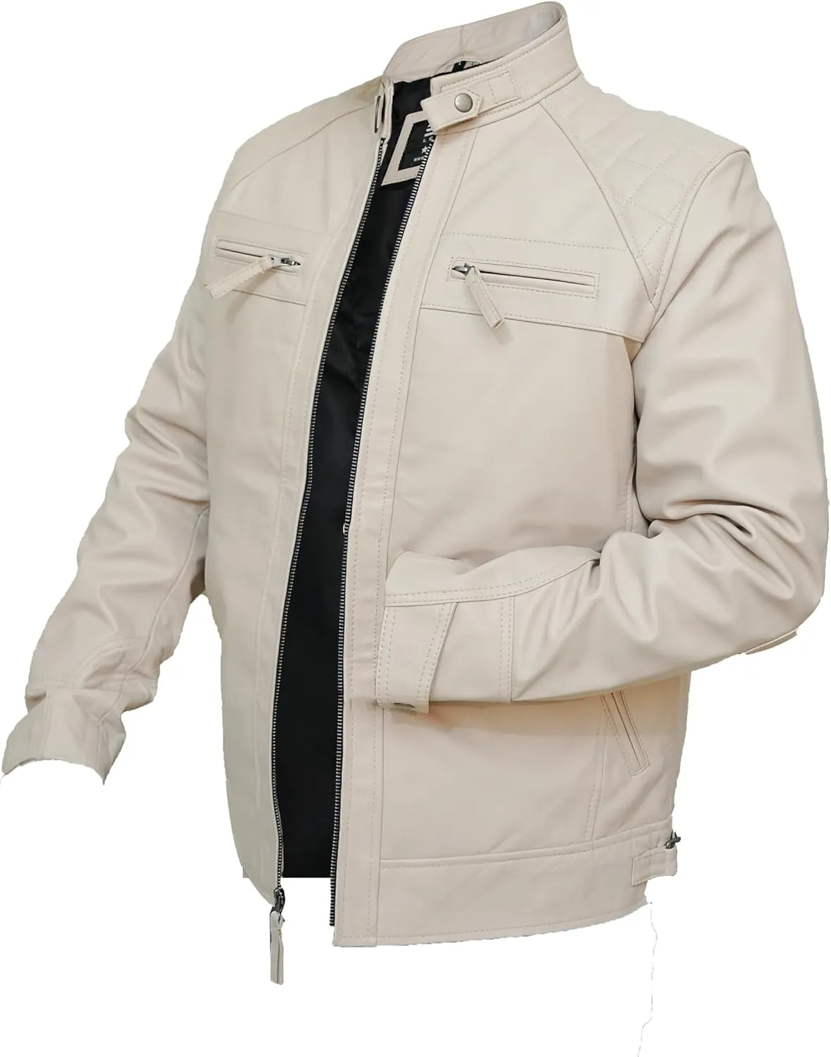 Mens Real Leather Lambskin Biker Jacket - Quilted Zip Up Moto Cafe Racer Rider Men Jackets