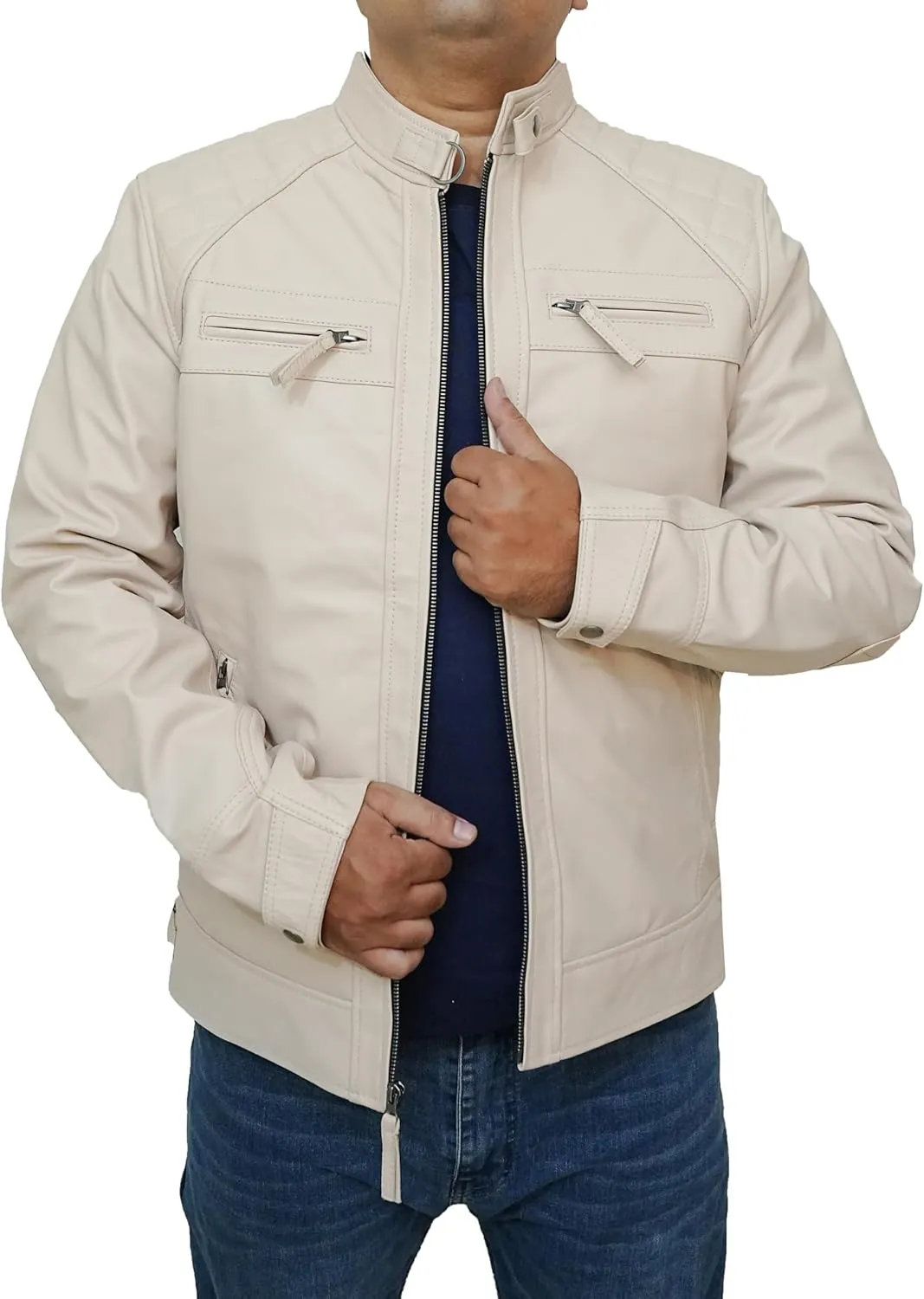 Mens Real Leather Lambskin Biker Jacket - Quilted Zip Up Moto Cafe Racer Rider Men Jackets