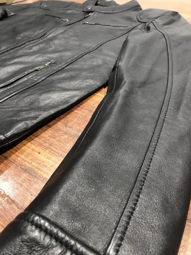 MEN'S VINTAGE CAFE RACER BLACK BROWN GENUINE LEATHER SLIM FIT RETRO BIKER JACKET
