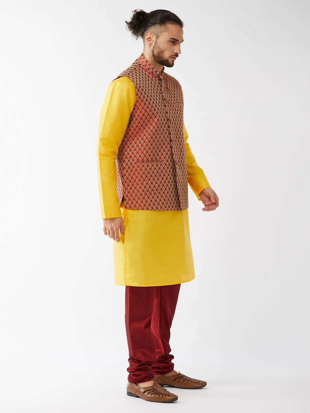 Men's Yellow And Maroon Silk Blend Jacket, Kurta And Pyjama Set - Vastramay