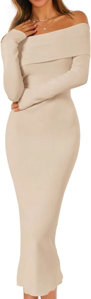 MEROKEETY Women's Winter Off Shoulder Bodycon Sweater Dress Formal Long Sleeve Elegant Cocktail Party Midi Maxi Dresses