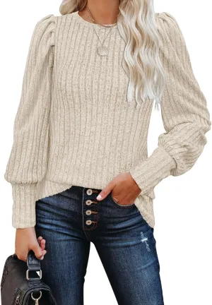 MIHOLL Women's Puff Long Sleeve Shirts Casual Knit Blouses Crew Neck Elegant Tunic Tops