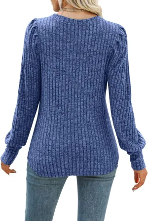 MIHOLL Women's Puff Long Sleeve Shirts Casual Knit Blouses Crew Neck Elegant Tunic Tops