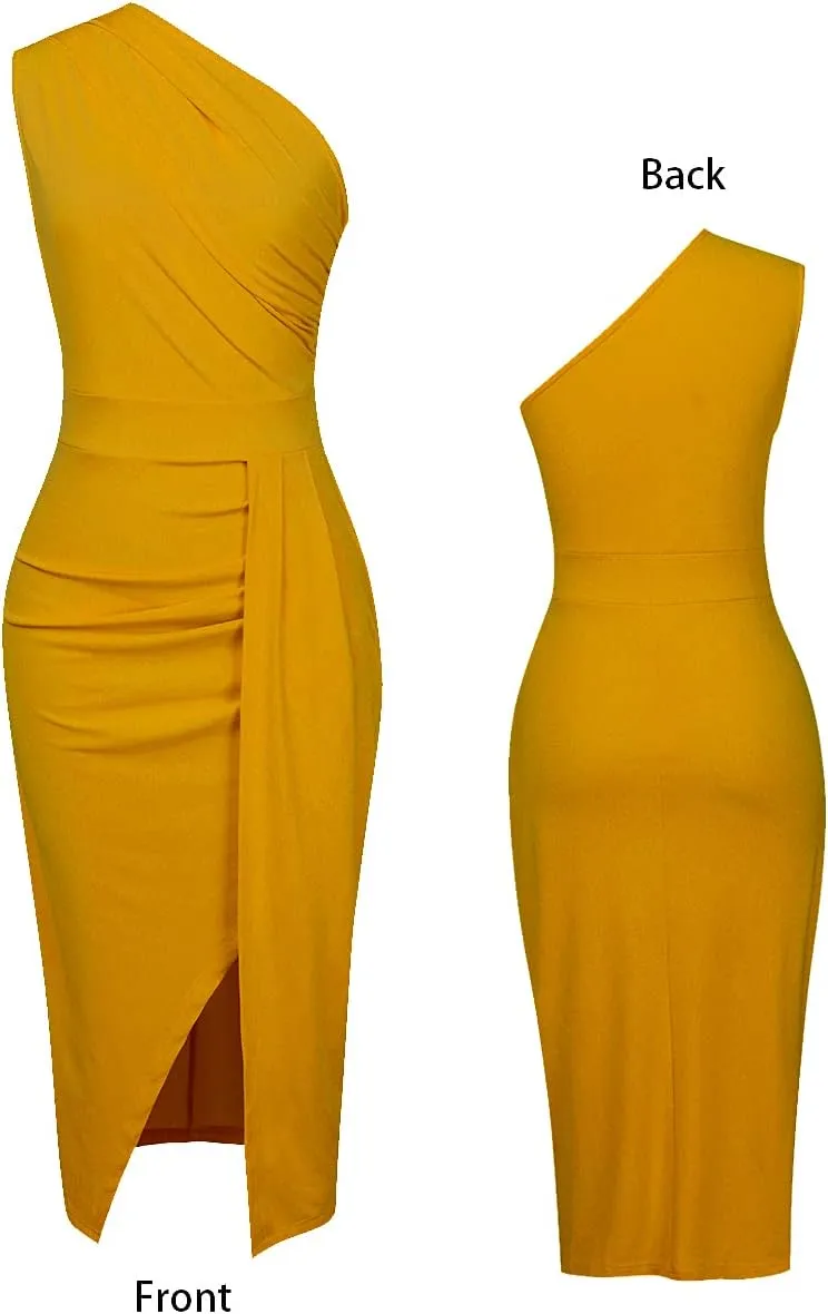 Nature Comfy LilyIn Womens Elegant one Shoulder Sleeveless Ruched High Slit Solid Color Cocktail Party Dresses