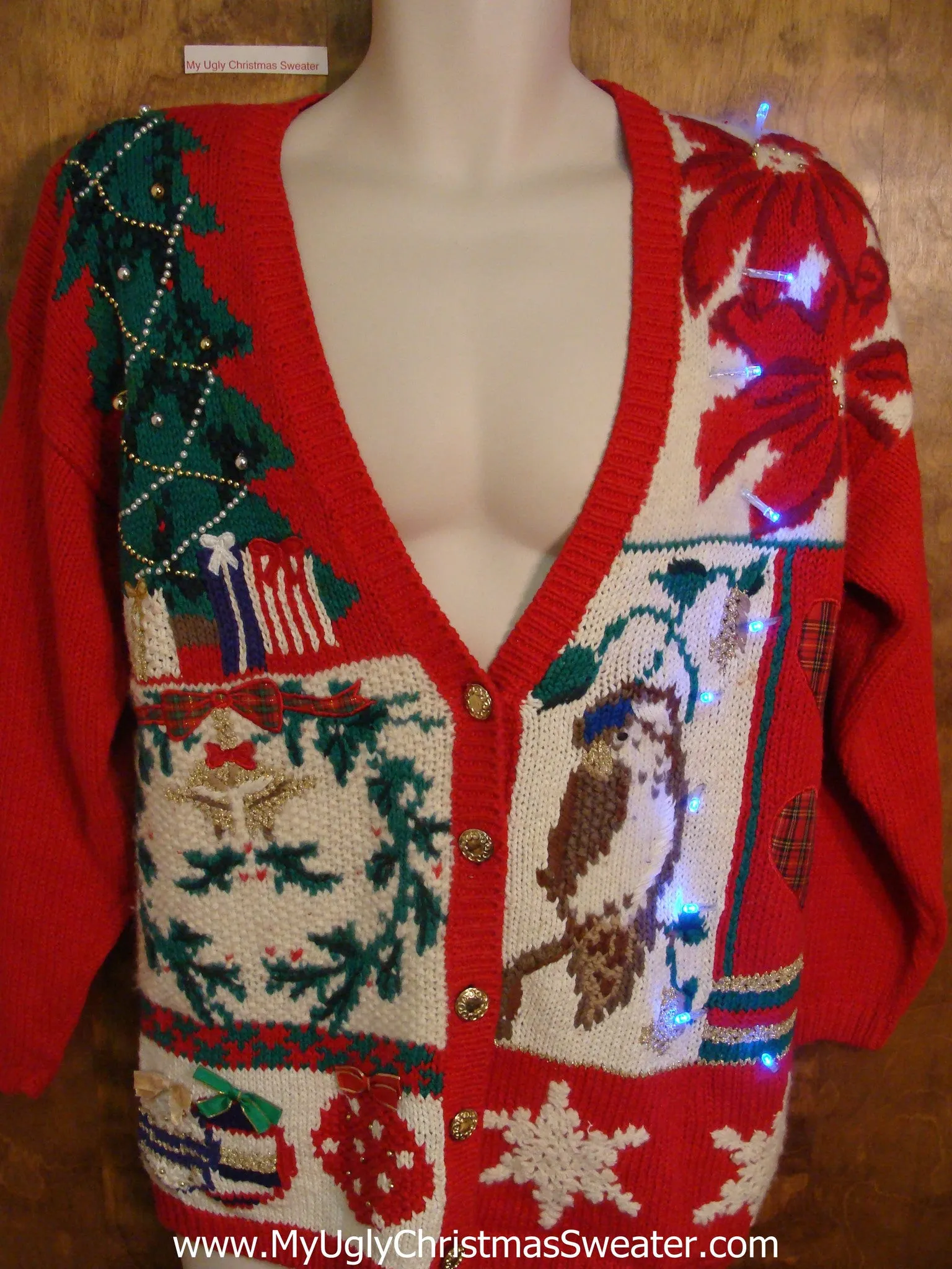 Poinsettias and Bird Themed 80s Light Up Ugly Xmas Sweater