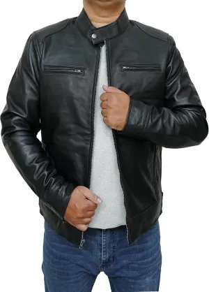 Real Lambskin Leather Biker Mens Jacket - Quilted Zip Up Cafe Racer Moto Rider Jackets