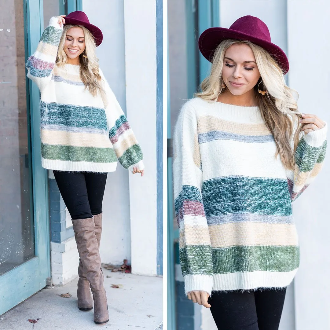 Really Ready Green Multicolored Striped Sweater