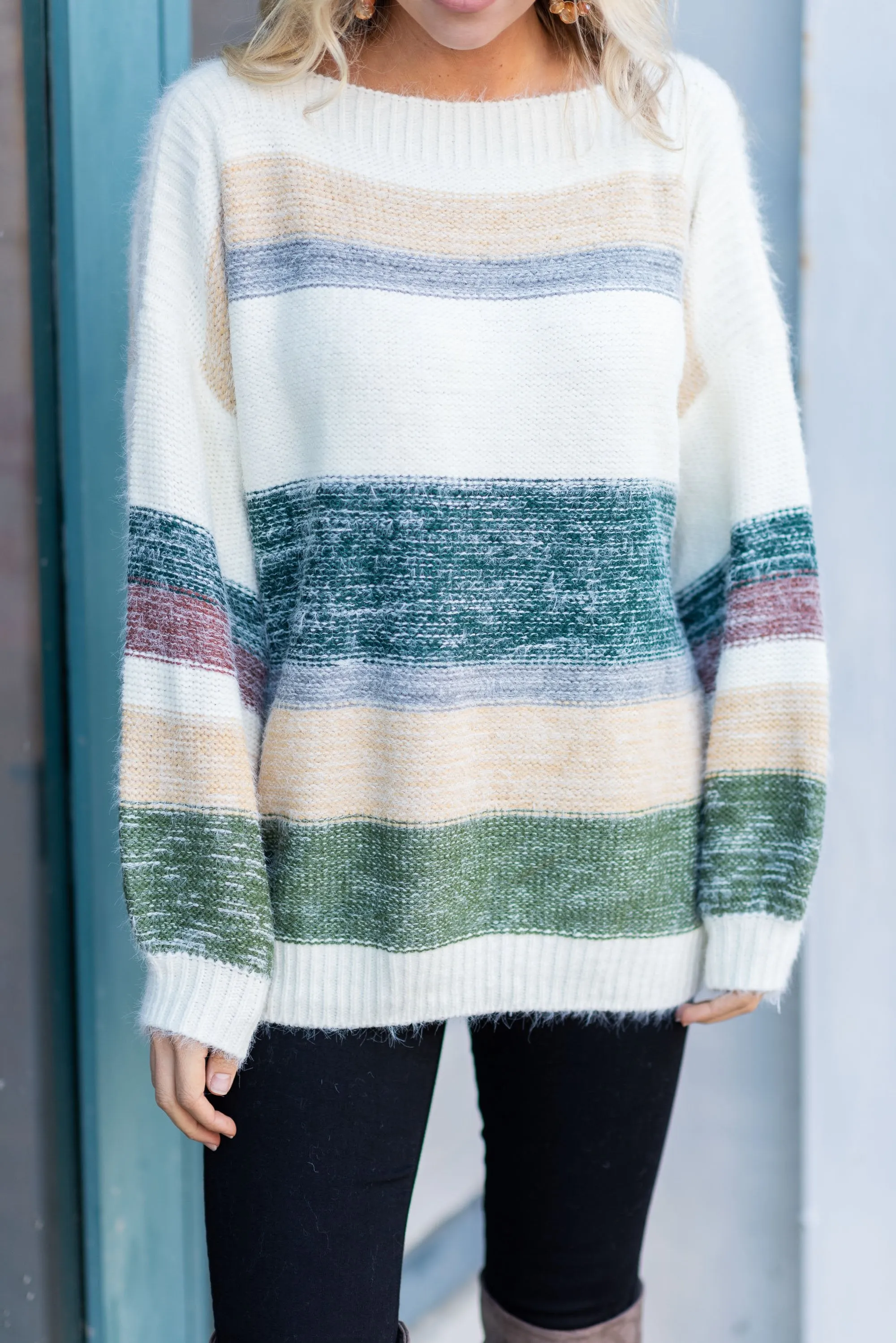 Really Ready Green Multicolored Striped Sweater
