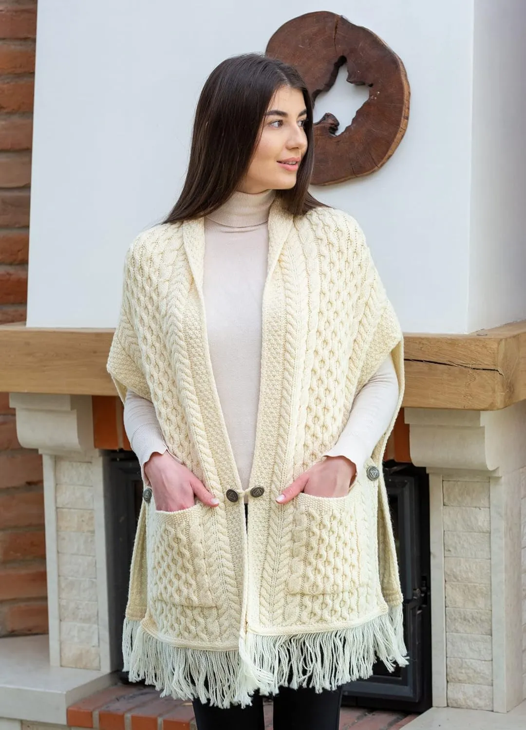 SAOL 100% Merino Wool Shawl/Poncho Sweater/Open Cardigan/Wool Cape with Pockets with Fringe Trim and Trinity Knot Button
