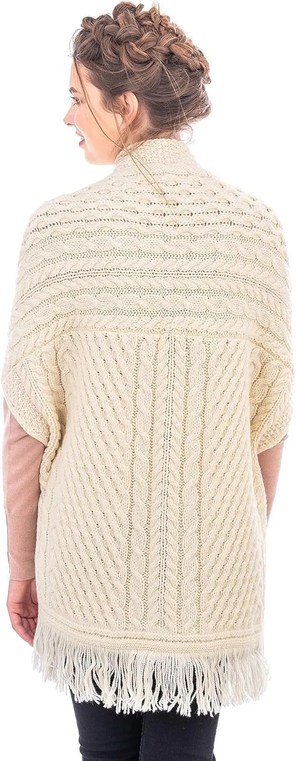 SAOL 100% Merino Wool Shawl/Poncho Sweater/Open Cardigan/Wool Cape with Pockets with Fringe Trim and Trinity Knot Button