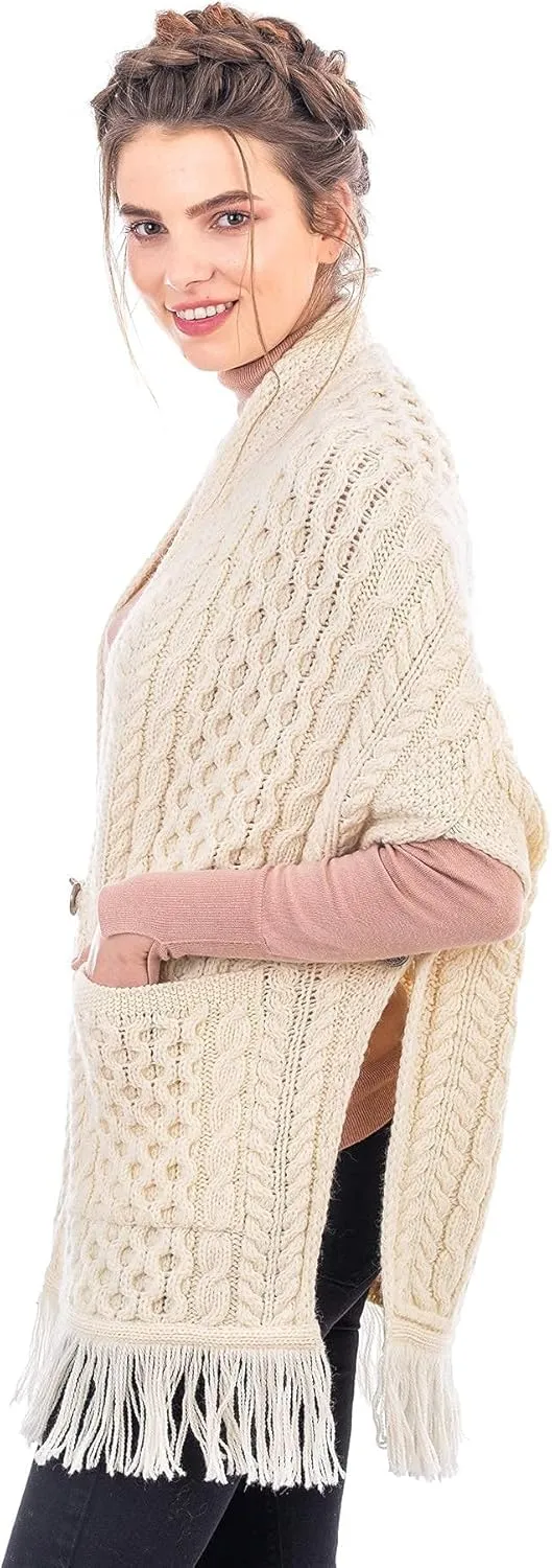 SAOL 100% Merino Wool Shawl/Poncho Sweater/Open Cardigan/Wool Cape with Pockets with Fringe Trim and Trinity Knot Button