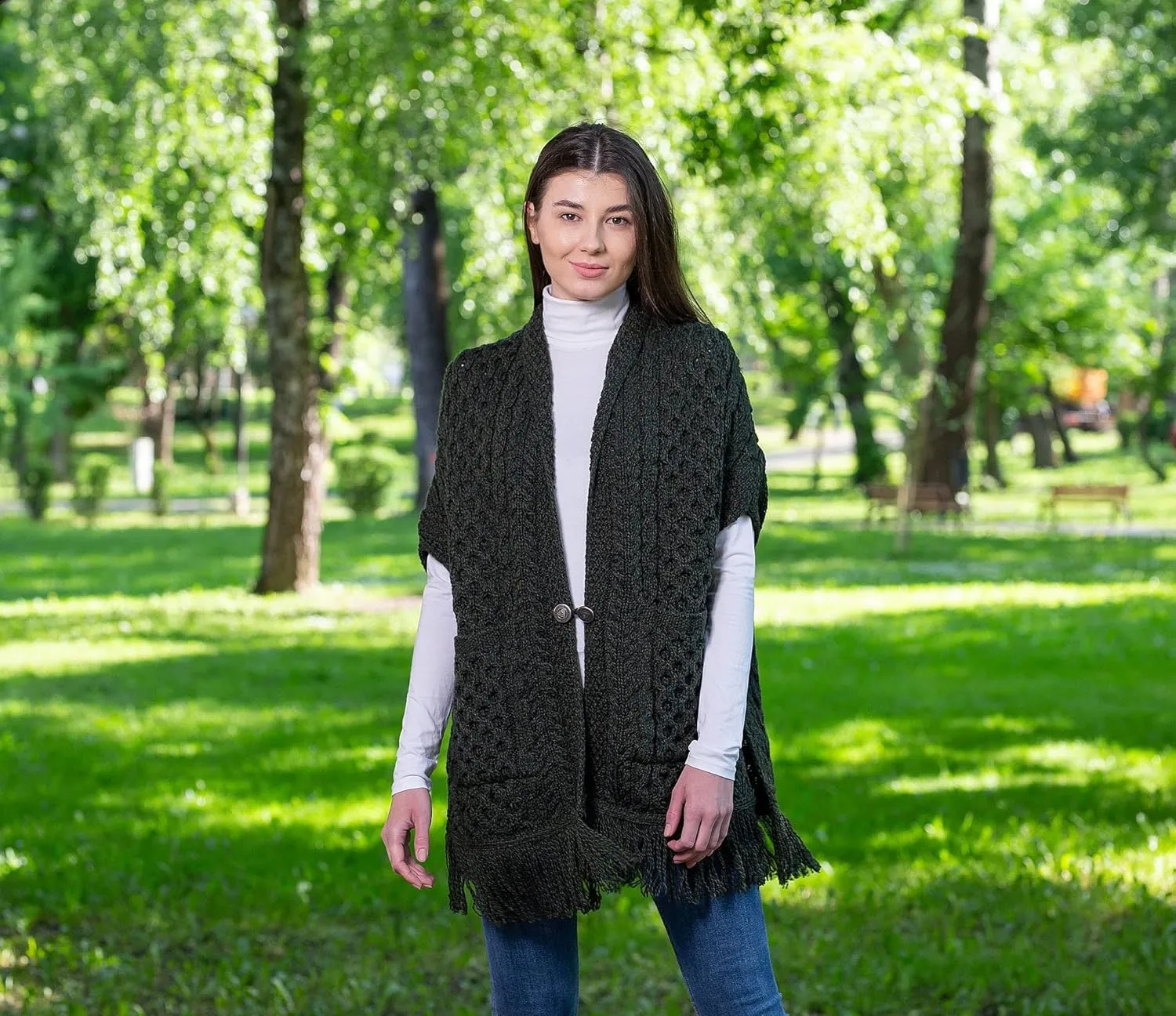 SAOL 100% Merino Wool Shawl/Poncho Sweater/Open Cardigan/Wool Cape with Pockets with Fringe Trim and Trinity Knot Button