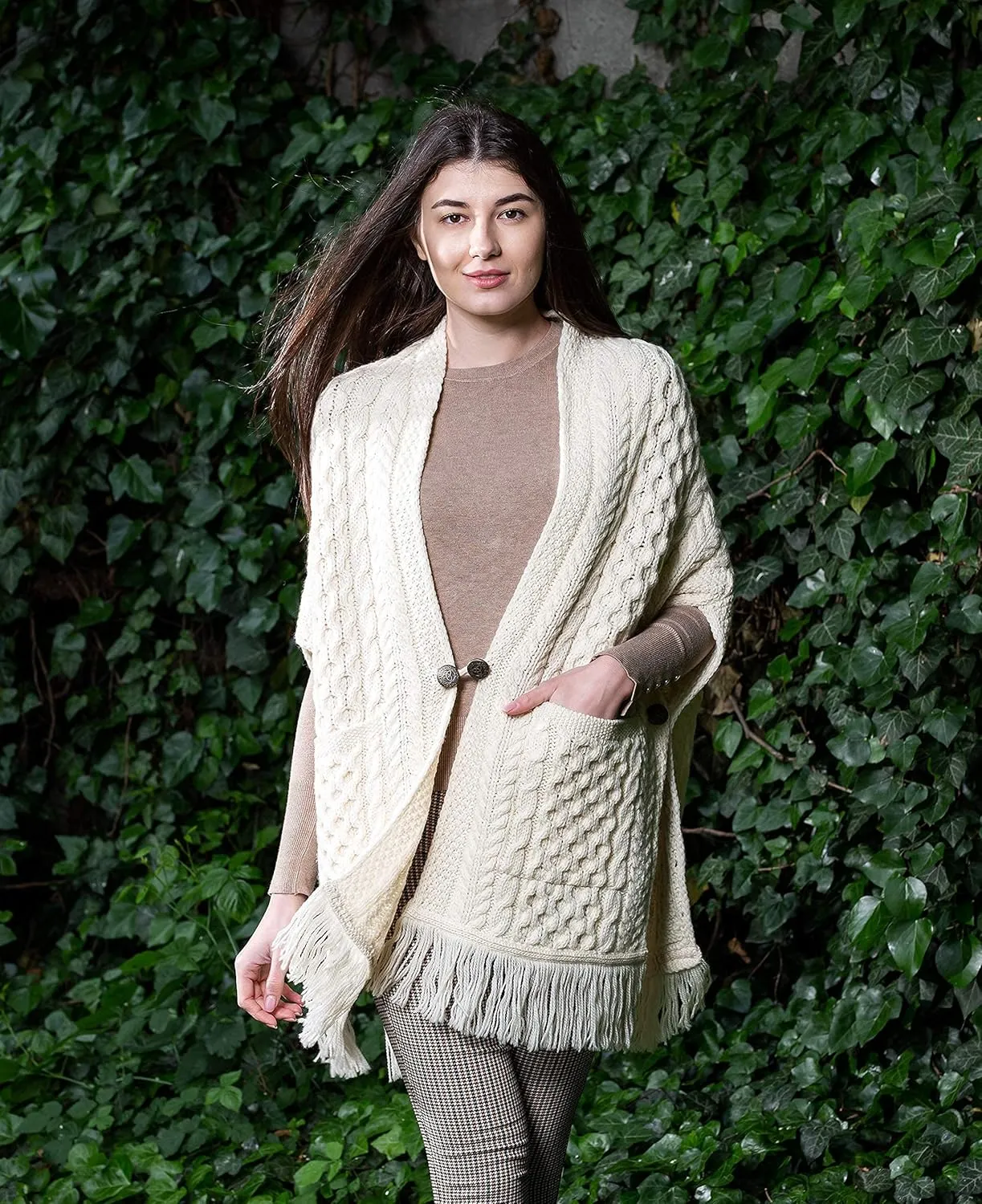 SAOL 100% Merino Wool Shawl/Poncho Sweater/Open Cardigan/Wool Cape with Pockets with Fringe Trim and Trinity Knot Button