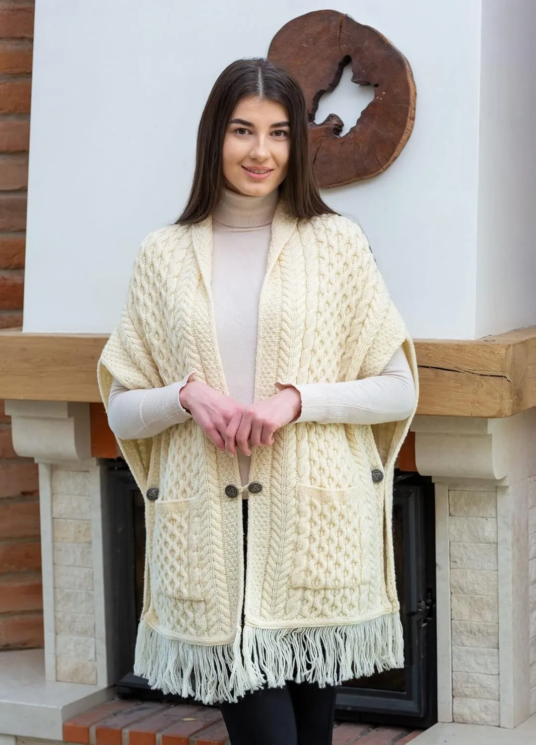 SAOL 100% Merino Wool Shawl/Poncho Sweater/Open Cardigan/Wool Cape with Pockets with Fringe Trim and Trinity Knot Button