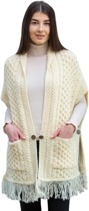 SAOL 100% Merino Wool Shawl/Poncho Sweater/Open Cardigan/Wool Cape with Pockets with Fringe Trim and Trinity Knot Button