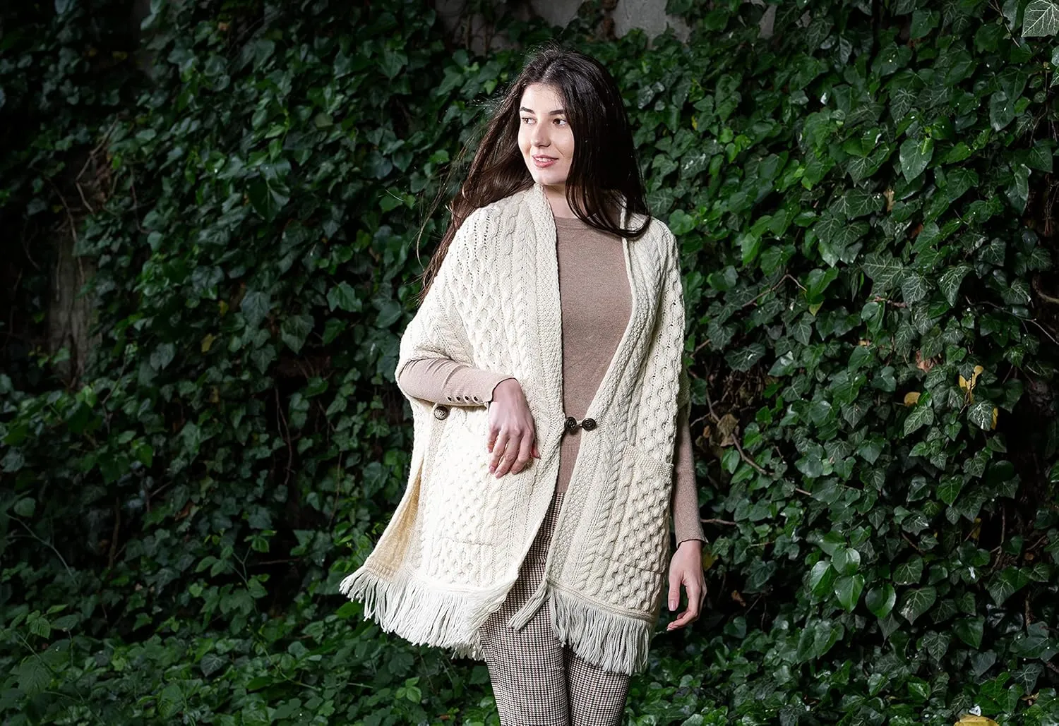SAOL 100% Merino Wool Shawl/Poncho Sweater/Open Cardigan/Wool Cape with Pockets with Fringe Trim and Trinity Knot Button