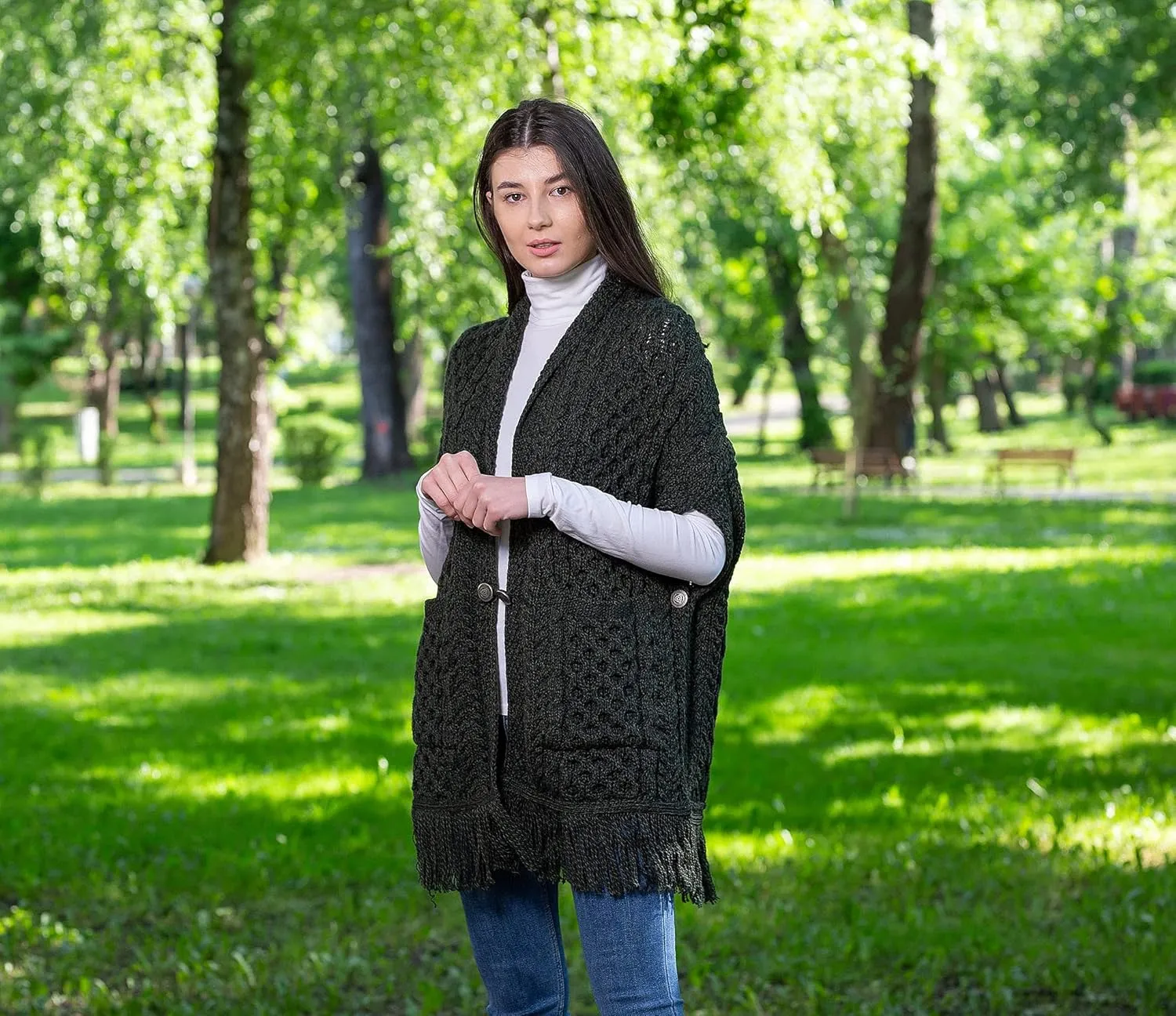 SAOL 100% Merino Wool Shawl/Poncho Sweater/Open Cardigan/Wool Cape with Pockets with Fringe Trim and Trinity Knot Button