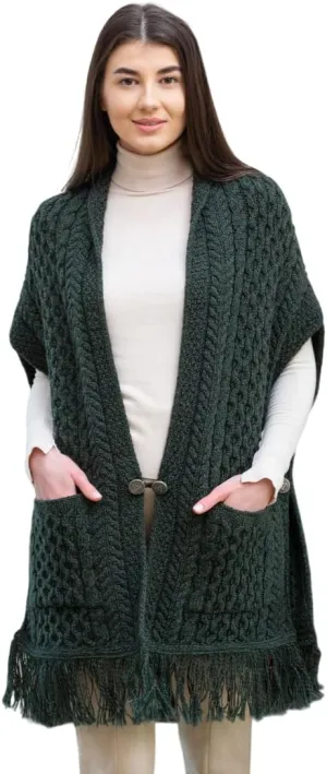 SAOL 100% Merino Wool Shawl/Poncho Sweater/Open Cardigan/Wool Cape with Pockets with Fringe Trim and Trinity Knot Button