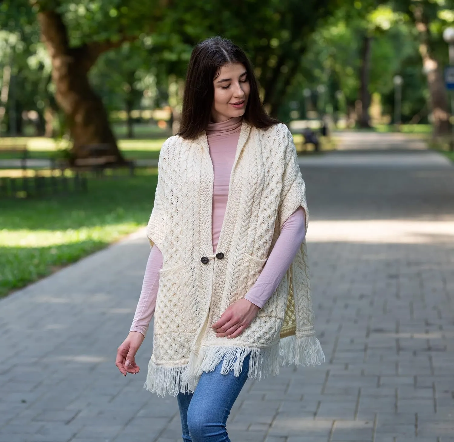 SAOL 100% Merino Wool Shawl/Poncho Sweater/Open Cardigan/Wool Cape with Pockets with Fringe Trim and Trinity Knot Button