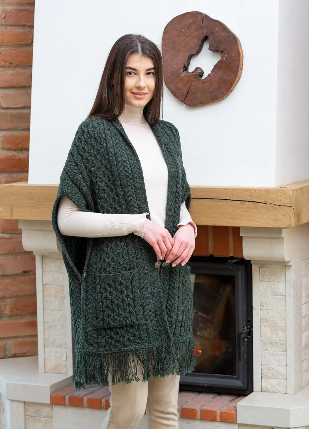 SAOL 100% Merino Wool Shawl/Poncho Sweater/Open Cardigan/Wool Cape with Pockets with Fringe Trim and Trinity Knot Button