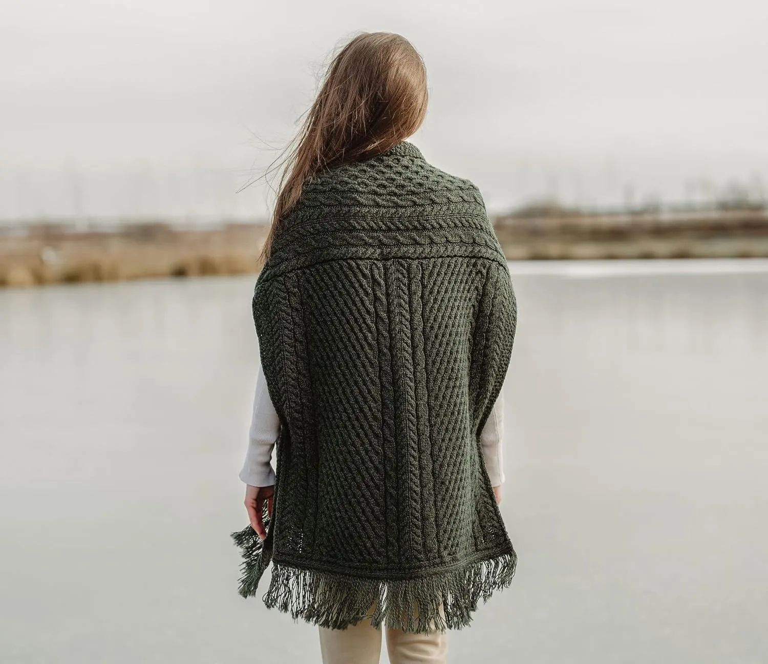 SAOL 100% Merino Wool Shawl/Poncho Sweater/Open Cardigan/Wool Cape with Pockets with Fringe Trim and Trinity Knot Button
