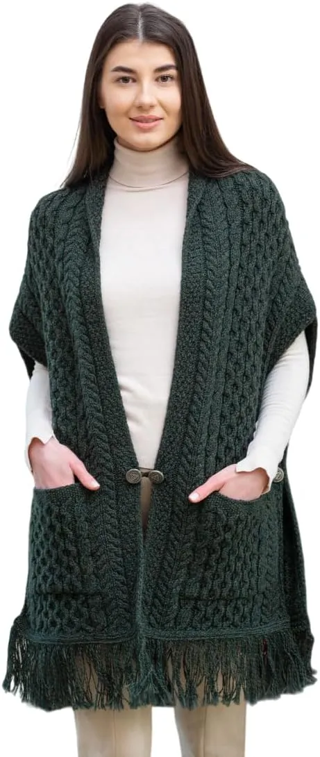 SAOL 100% Merino Wool Shawl/Poncho Sweater/Open Cardigan/Wool Cape with Pockets with Fringe Trim and Trinity Knot Button
