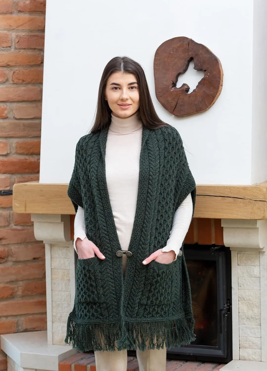 SAOL 100% Merino Wool Shawl/Poncho Sweater/Open Cardigan/Wool Cape with Pockets with Fringe Trim and Trinity Knot Button